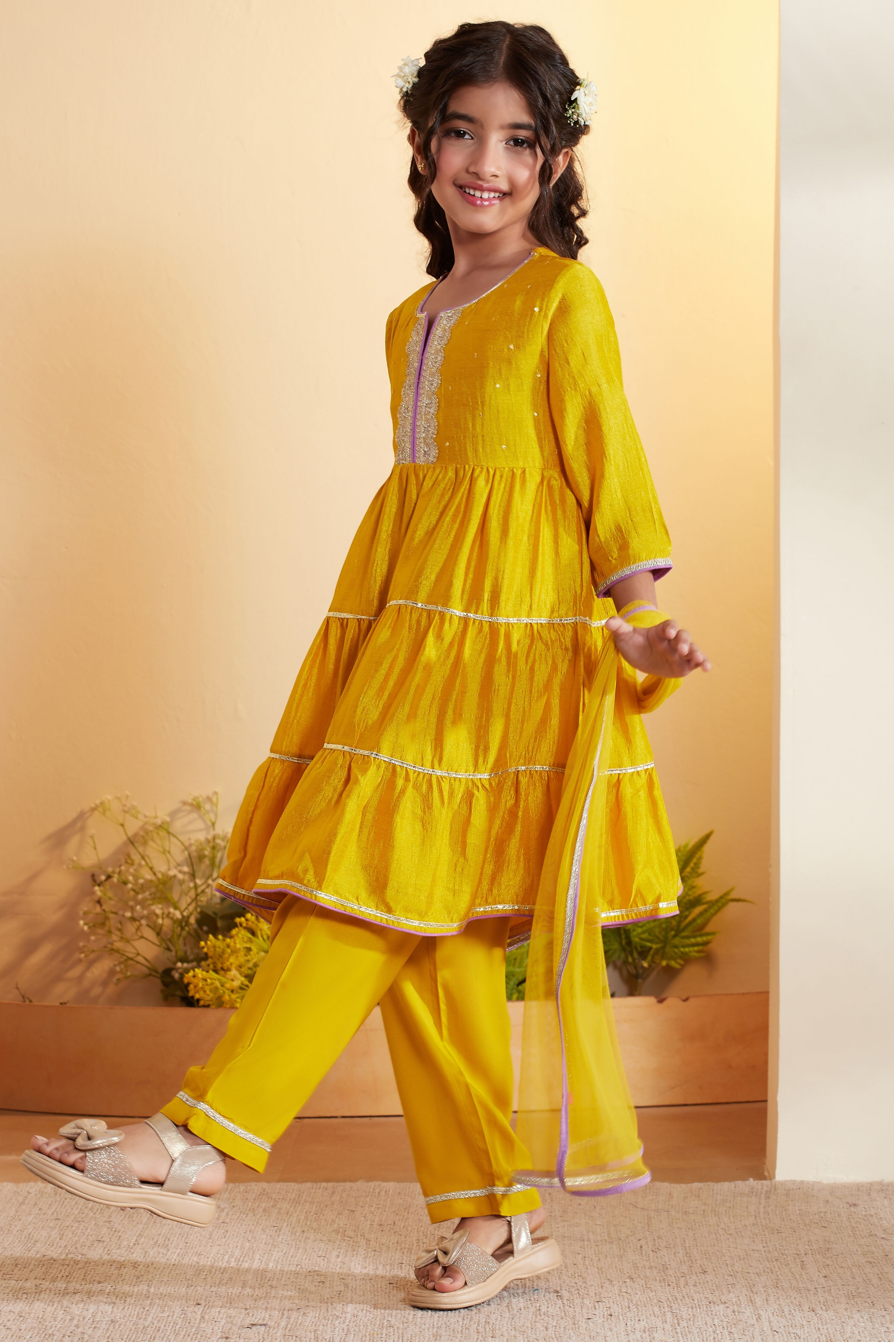 Yellow Viscose Silk Yoke Design Tiered Kurta Set image number 3