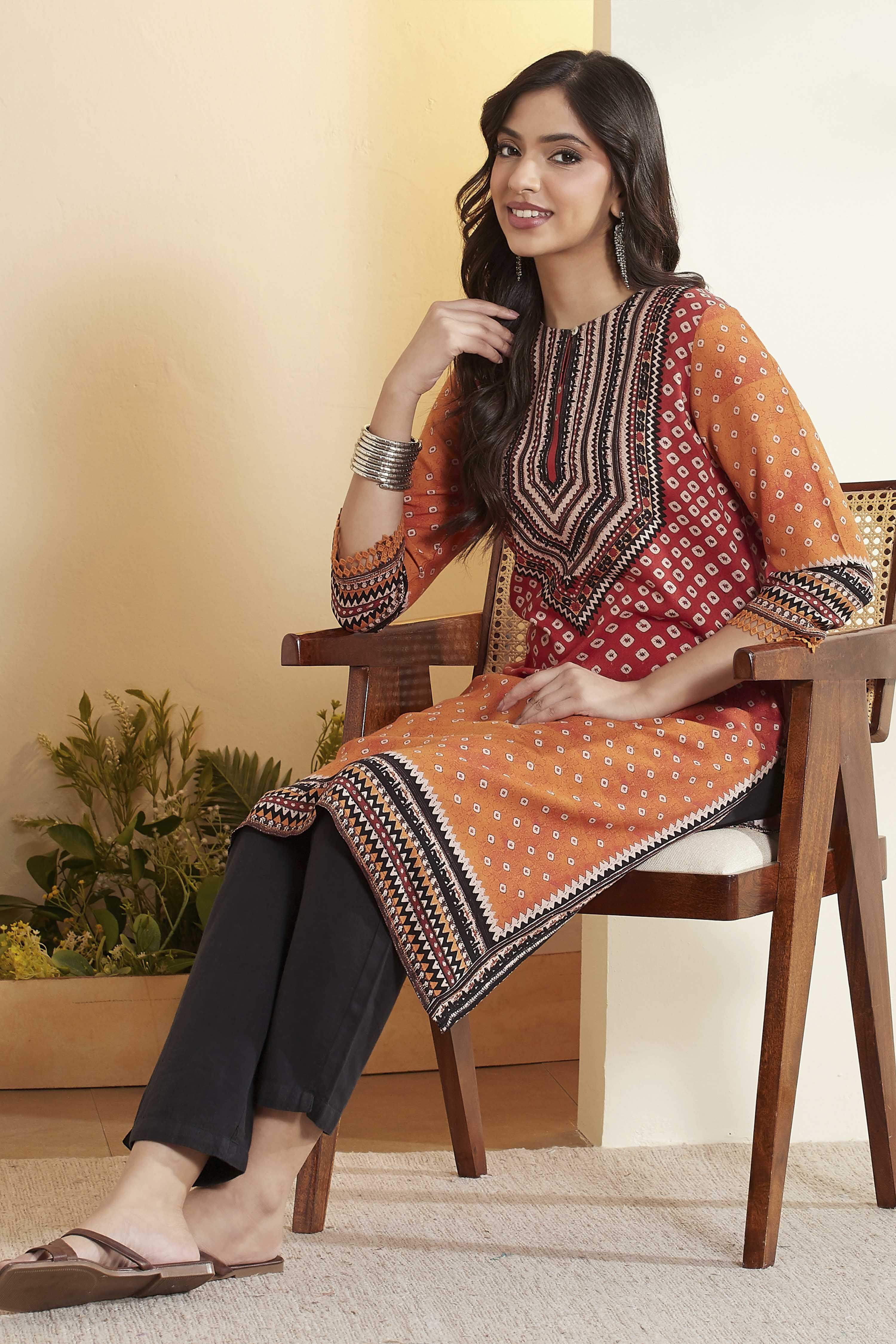 Rust Viscose Rayon Geometric Printed A-Line Kurta image number 0