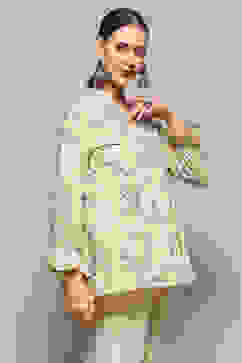 Beige Cotton Floral Printed A-Line Kurti image number 5