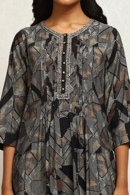 Black Modal Printed Gathered Suit Set image number 1