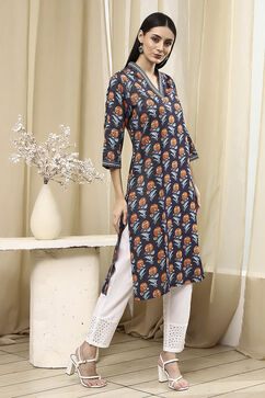 Blue Cotton Printed Straight Kurta image number 4