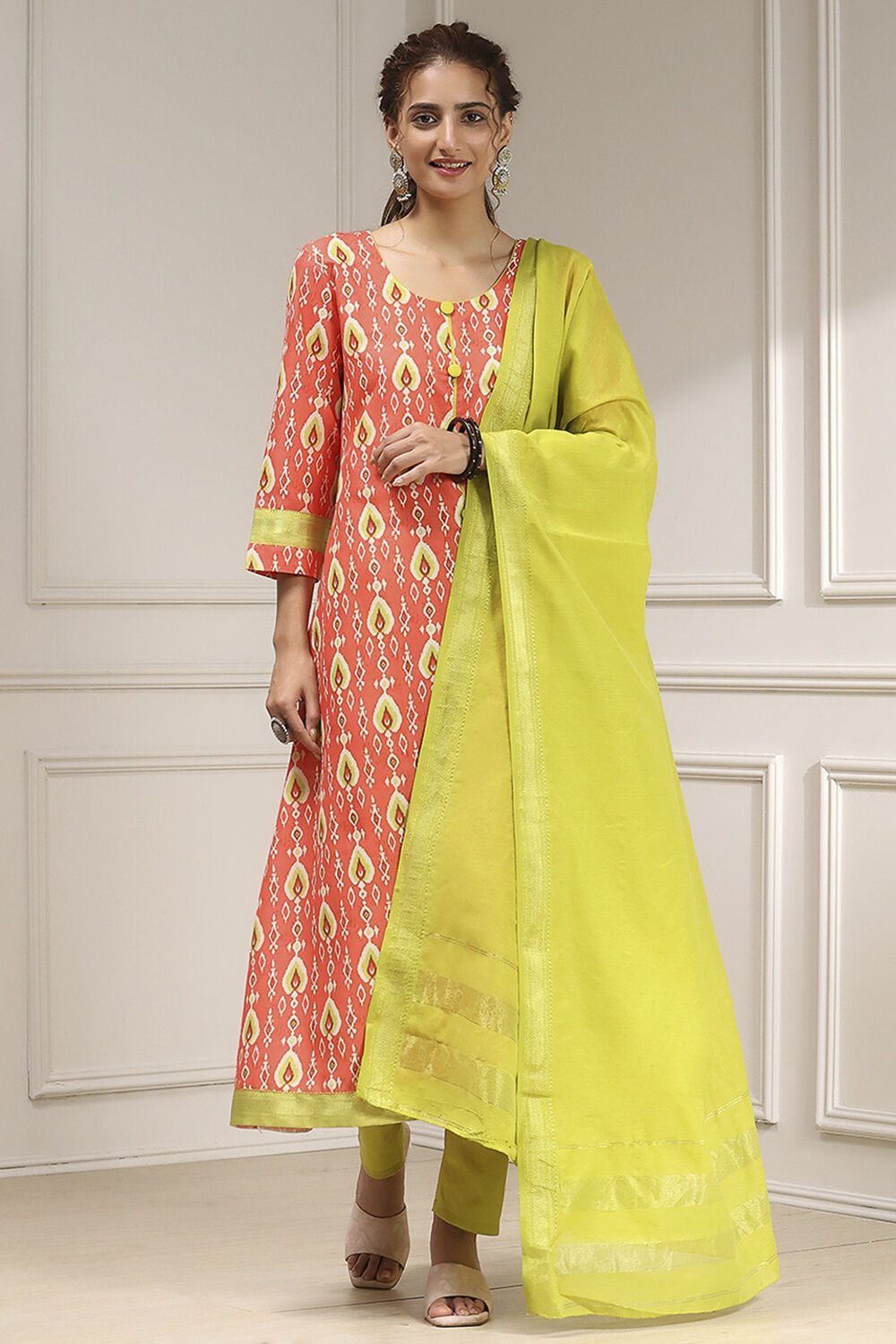 Orange Cotton Digital Print Unstitched Suit Set image number 1