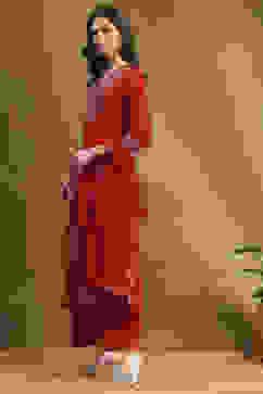 Red Cotton Printed Festive A-Line Suit Set image number 3