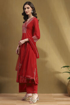Red Cotton Printed Festive A-Line Suit Set image number 3