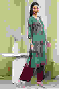 Blue Floral Printed Straight Kurta image number 4