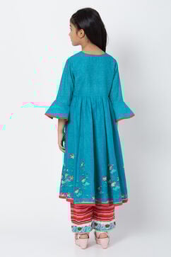 Turquoise And Red Cotton Anarkali Kurta Flared Palazzo Suit Set image number 5