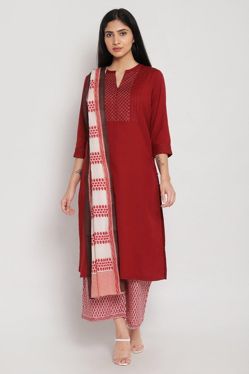 Red Straight Kurta Palazzo Suit Set image number 3