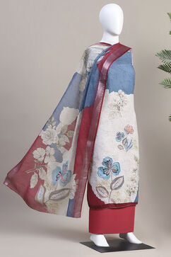 Red Linen Blend Machine Embroidered Unstitched Suit Set image number 4