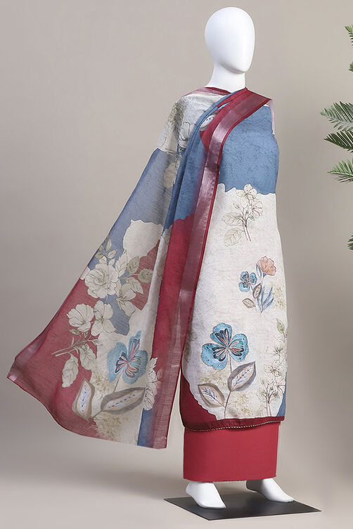 Red Linen Blend Machine Embroidered Unstitched Suit Set image number 4