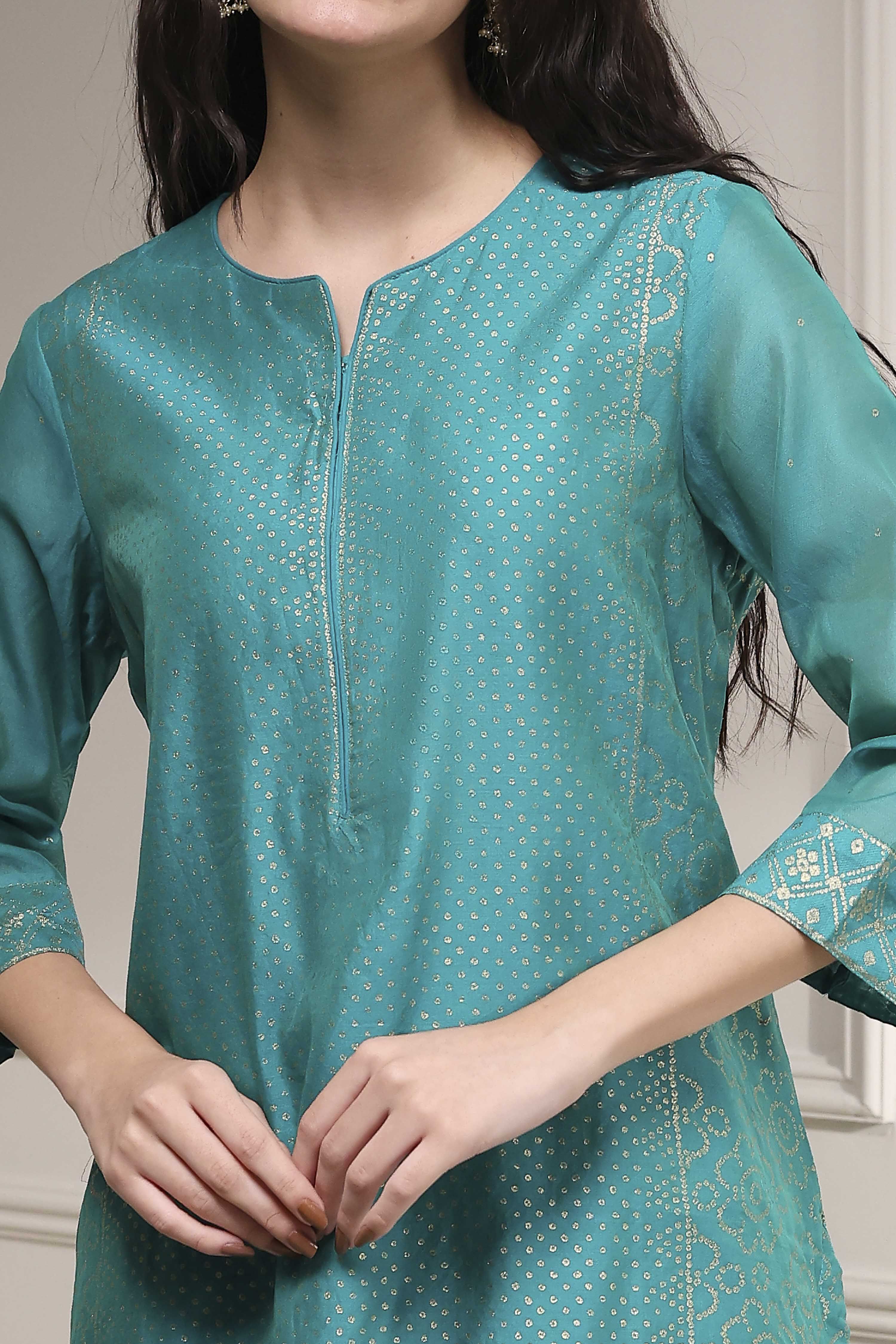 Turquoise Cotton Blend Printed Straight Suit Set image number 6