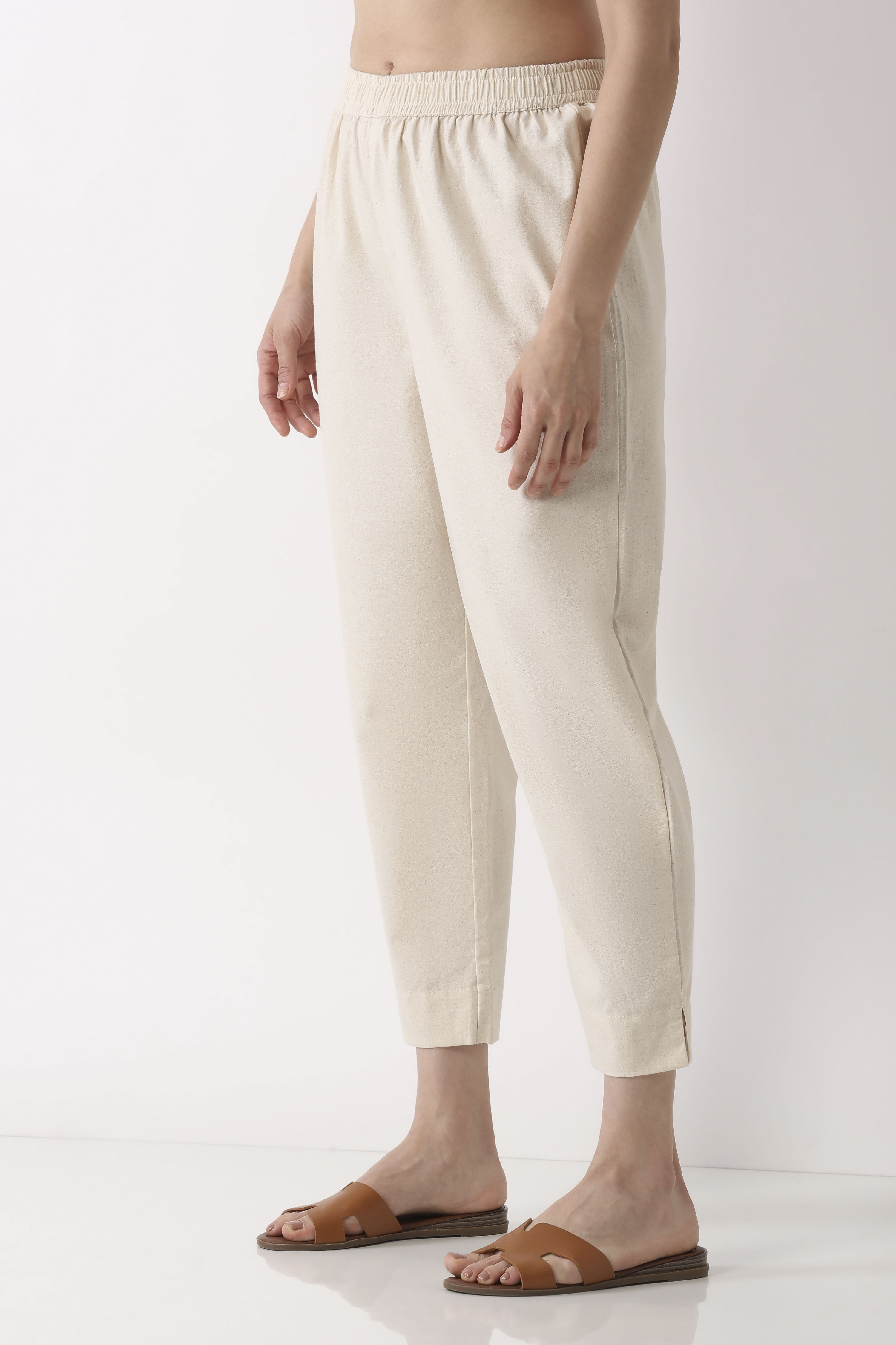 Light Beige Cotton Narrow Pants image number 2