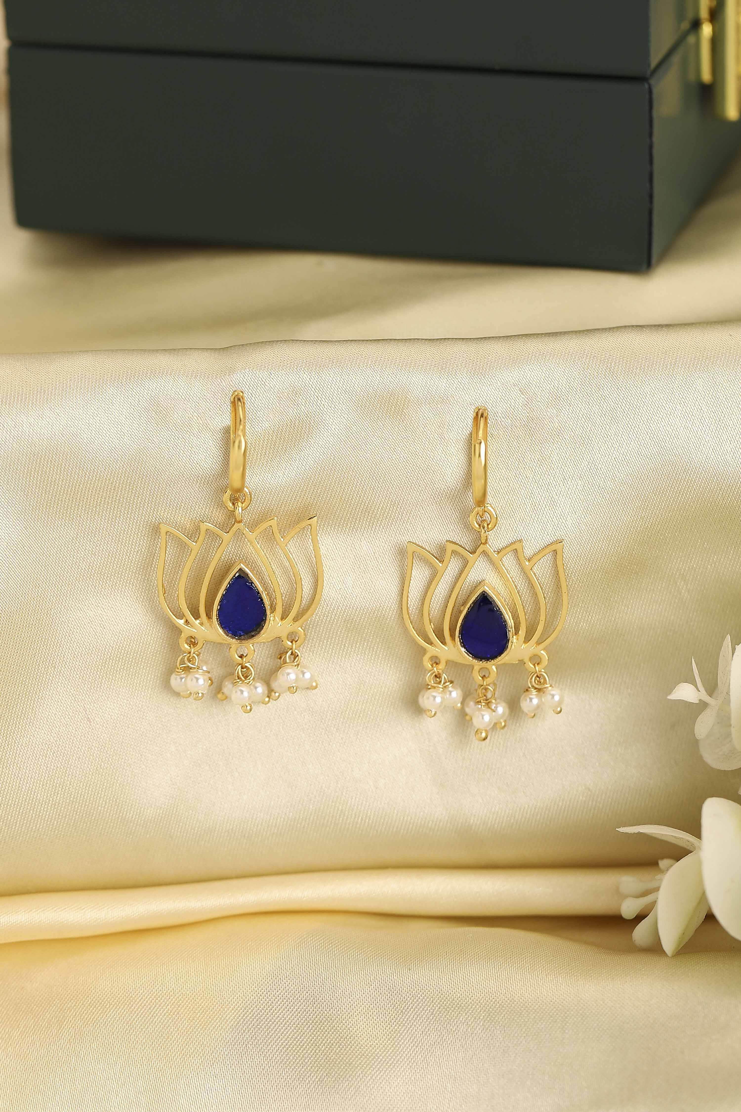 Navy Blue Gold Plated Brass Floral Drop Earrings image number 0