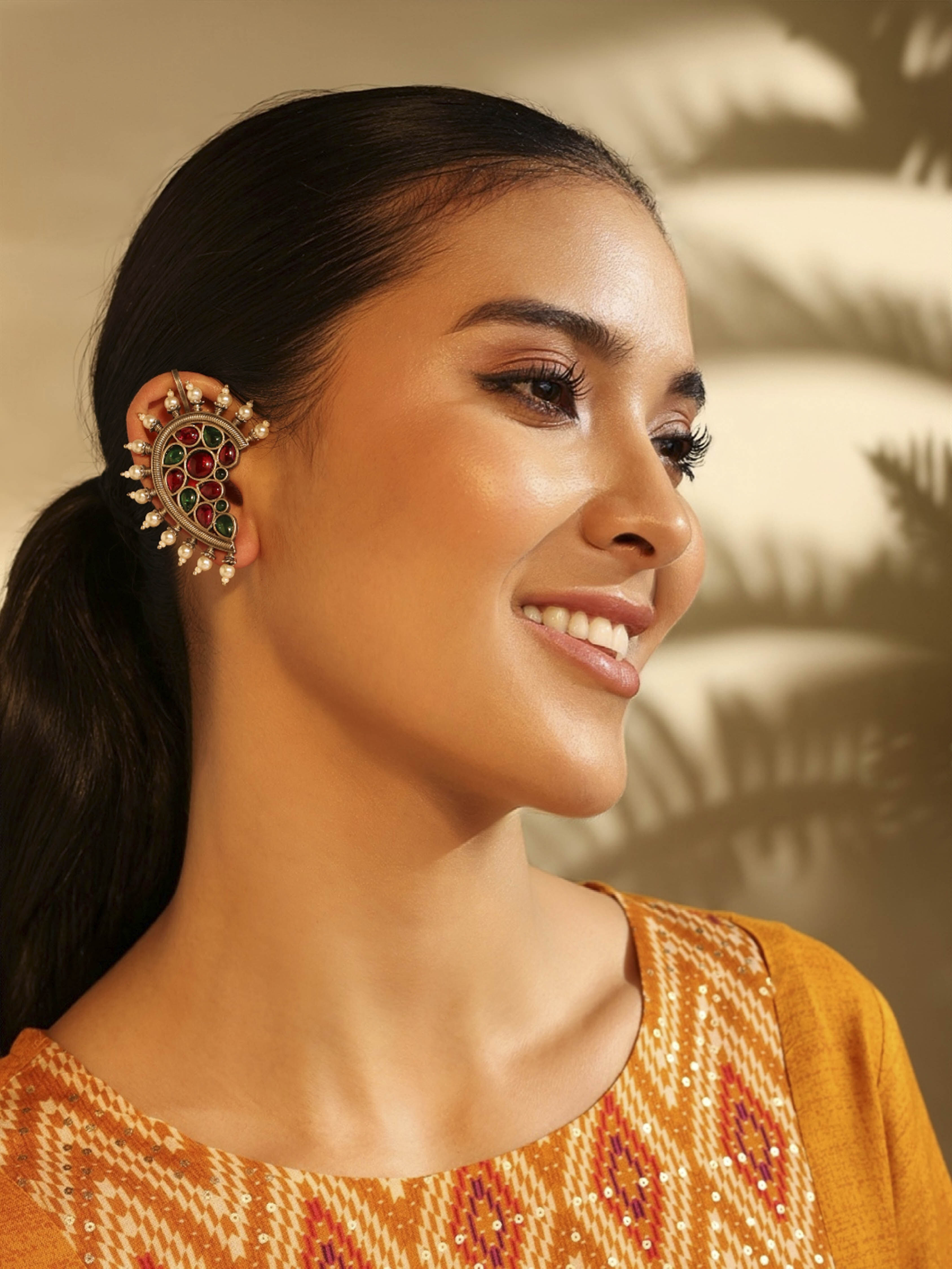 Oxidised Brass Multicolour Ear Cuff Earrings image number 3