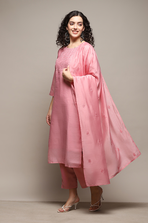 Pink Silk Blend Unstitched Suit Set image number 5