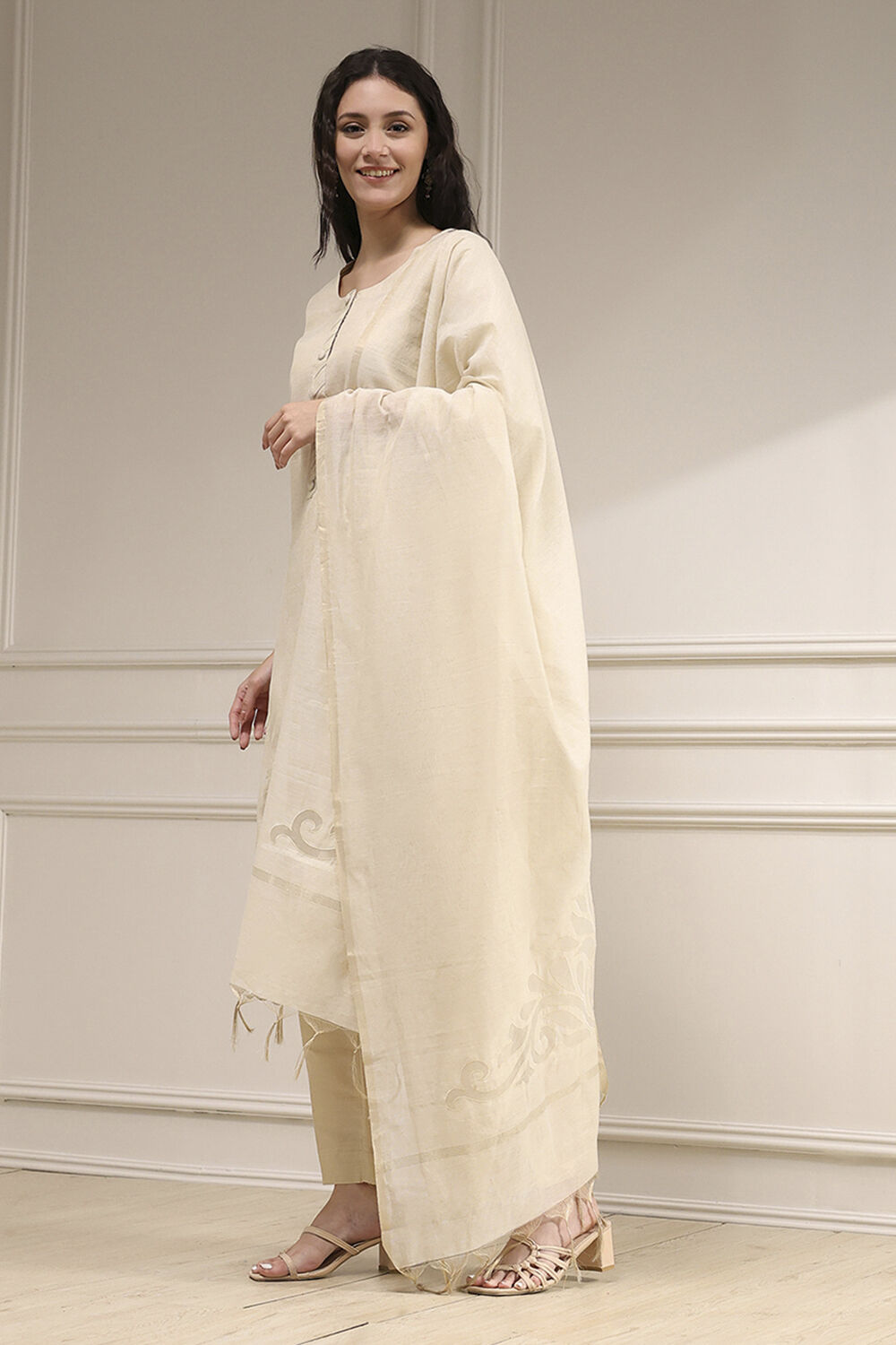 White Tissue Applique Unstitched Suit Set image number 4