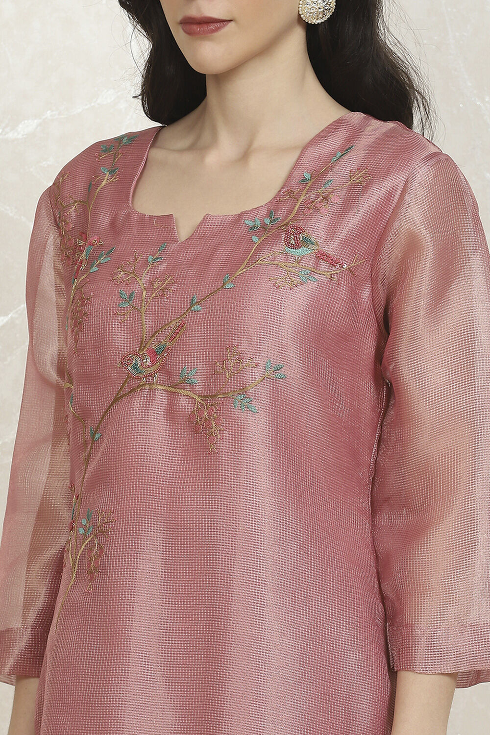 Pink Tissue Machine Embroidered Unstitched Suit Set image number 2