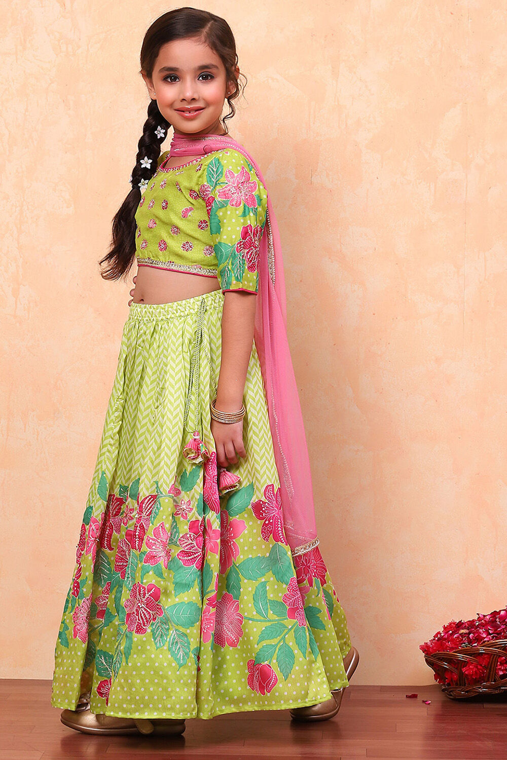 Lime Green Poly Chanderi Floral Printed Lehenga Set image number 5