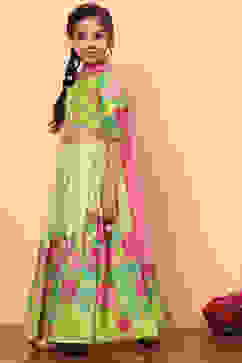 Lime Green Poly Chanderi Floral Printed Lehenga Set image number 5
