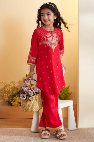 BIBA Polyester Solid Straight Festive Kurta With Palazzo in Red