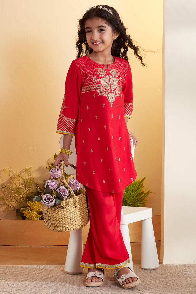 BIBA Polyester Solid Straight Festive Kurta With Palazzo in Red