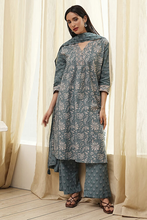 Green Cotton Printed Straight Suit Set image number 0