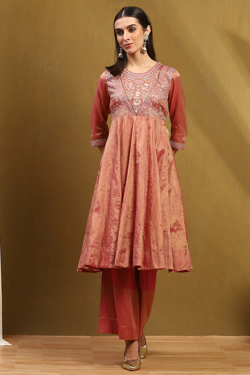 Old Rose-Toned Zari Cotton Embroidered Anarkali Suit Set image number 6
