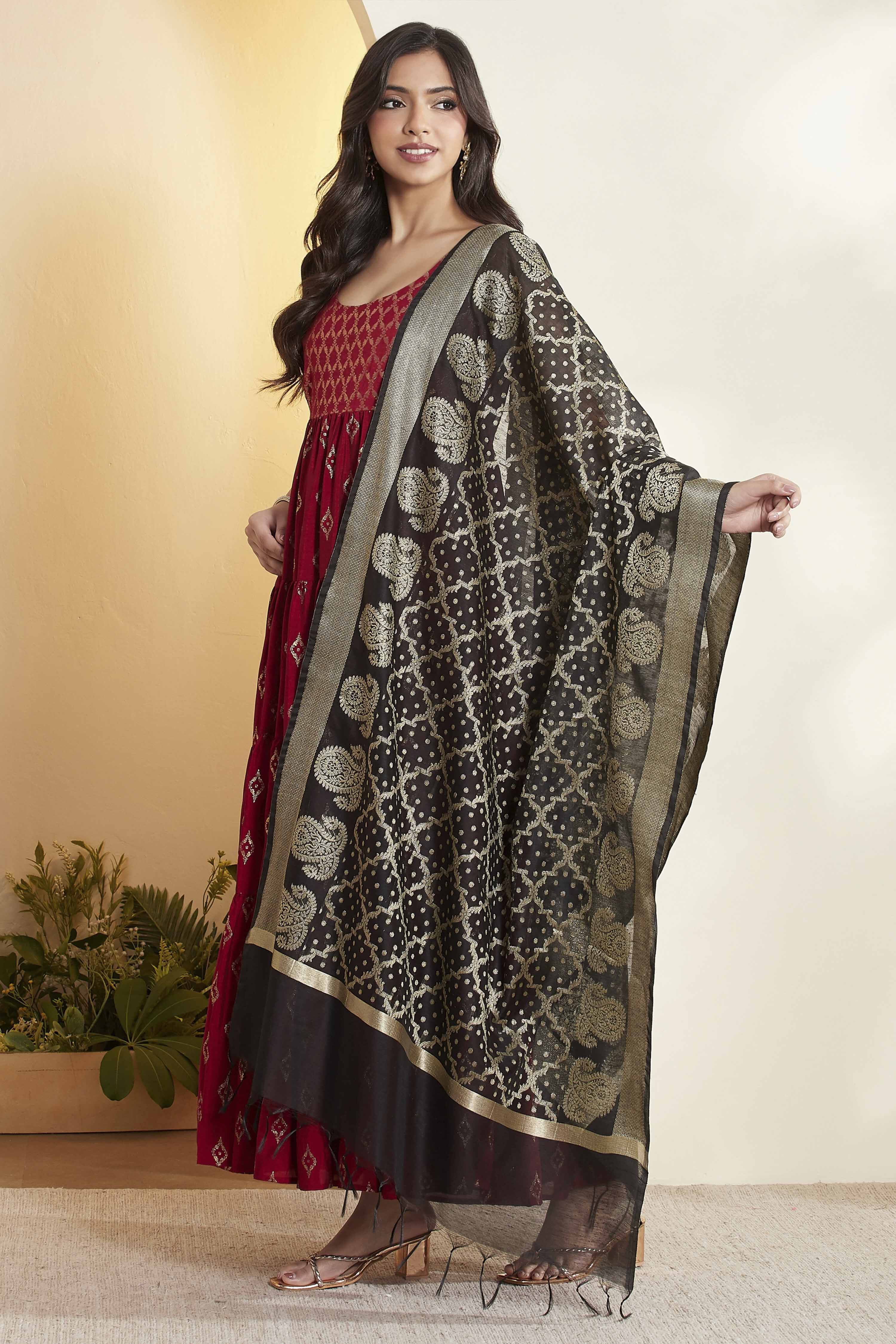 Black Poly Woven Design Dupatta image number 3