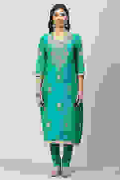 Turquoise Art Silk Straight Kurta Churidar Suit Set image number 7