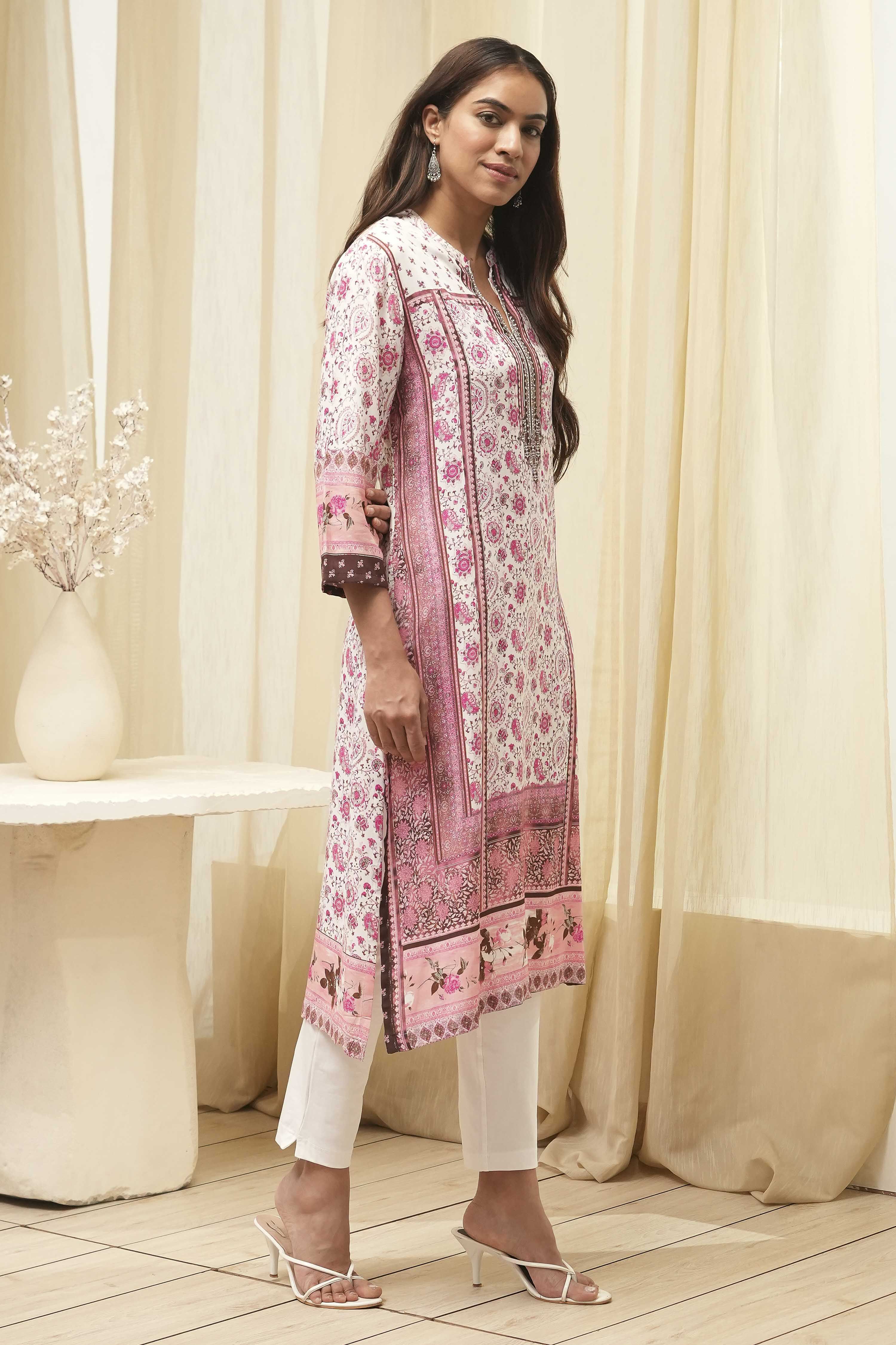Peach Rayon A-Line Printed Kurta image number 4