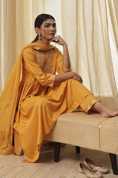 Ochre Yellow Viscose Embellished Gathered Suit Set image number 0