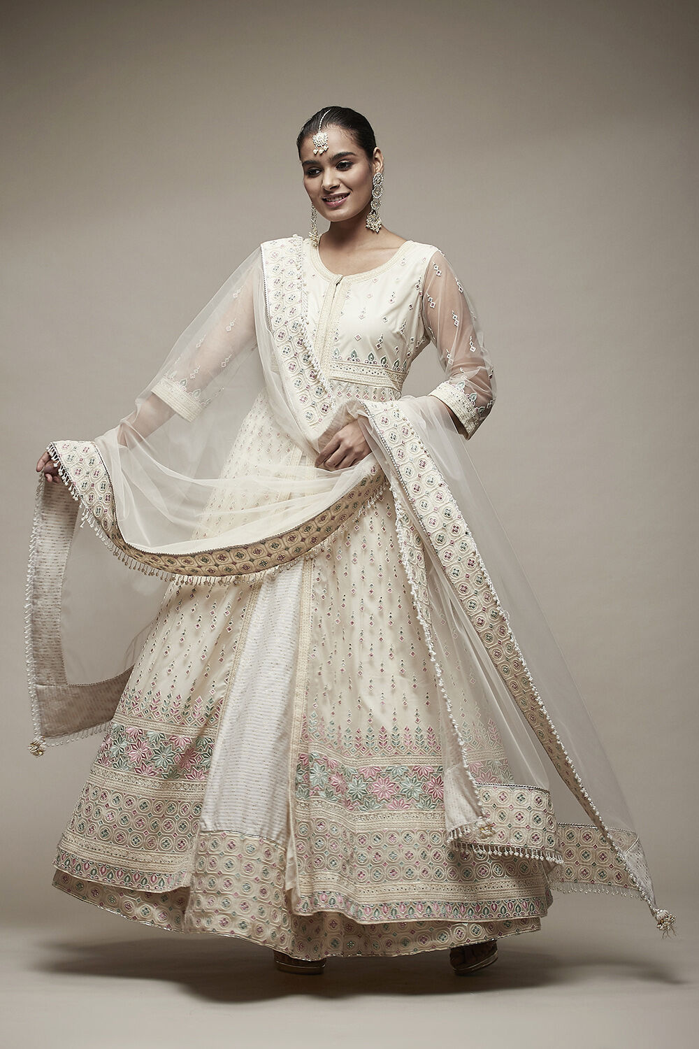 Off White Nylon Anarkali Lehenga Set image number 0