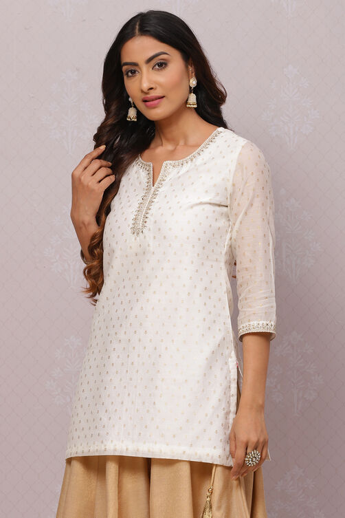 Off White Straight Art Silk Short Printed Kurti image number 2