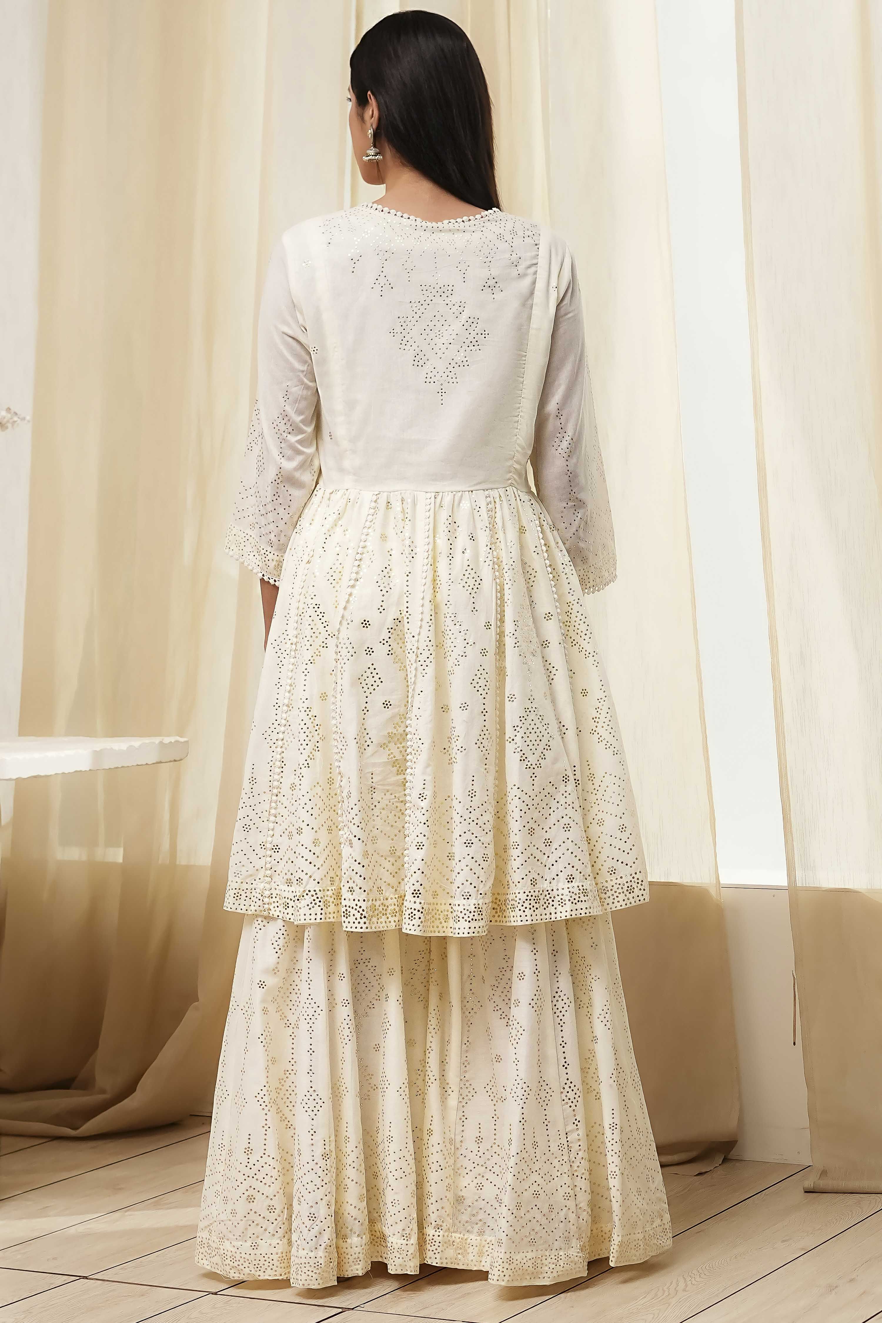 Off-White Cotton Metallic Flared Suit Set image number 4