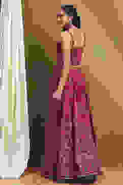 Red Satin Printed Lightweight Lehenga Set image number 4