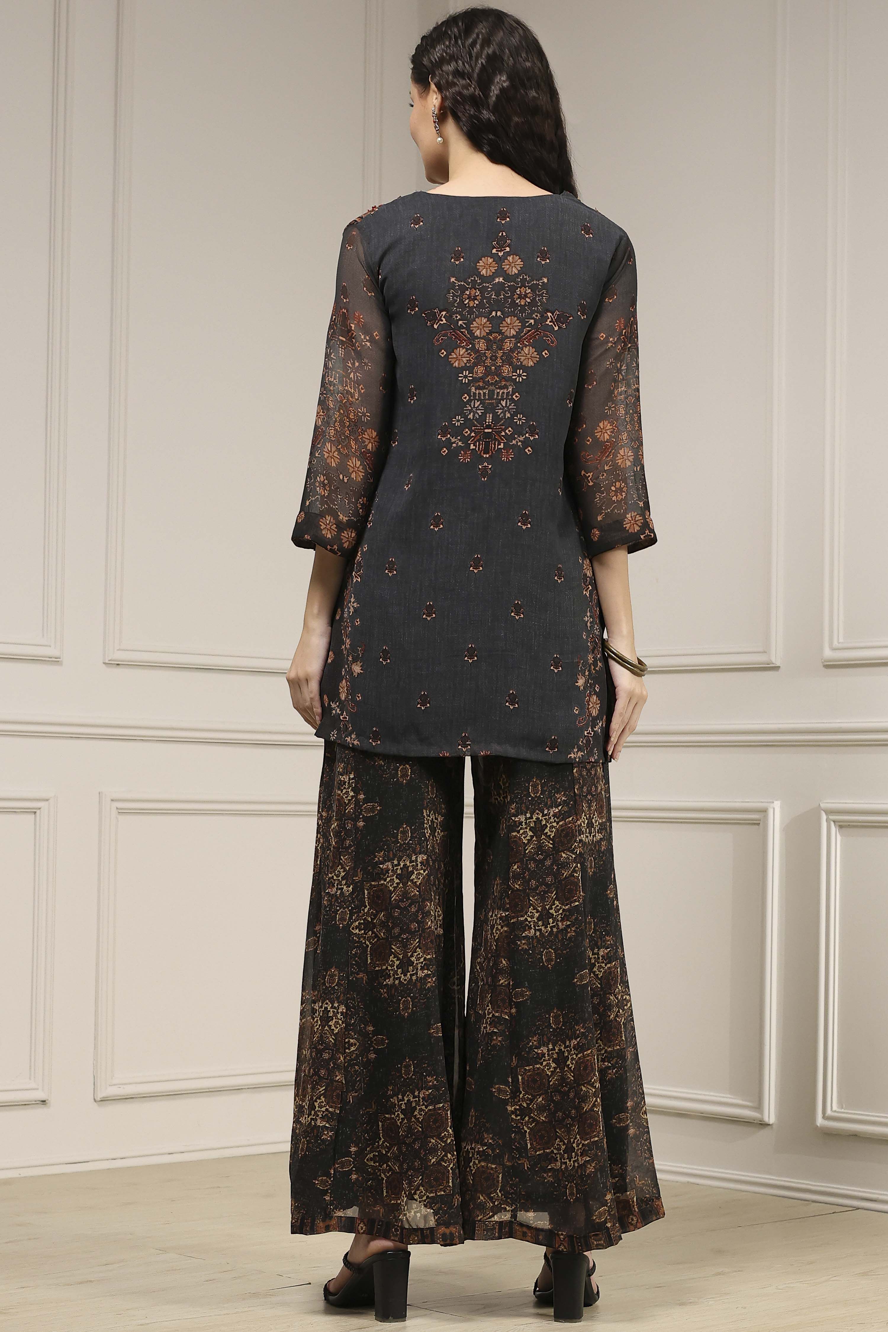 Charcoal Black Printed Straight Suit Set image number 4