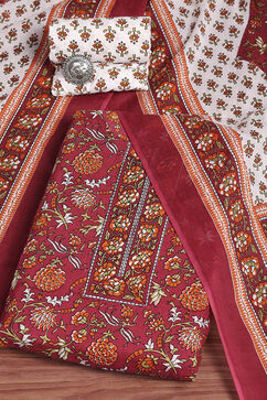 Brown and White Cotton Screen Print Unstitched Suit Set image number 0