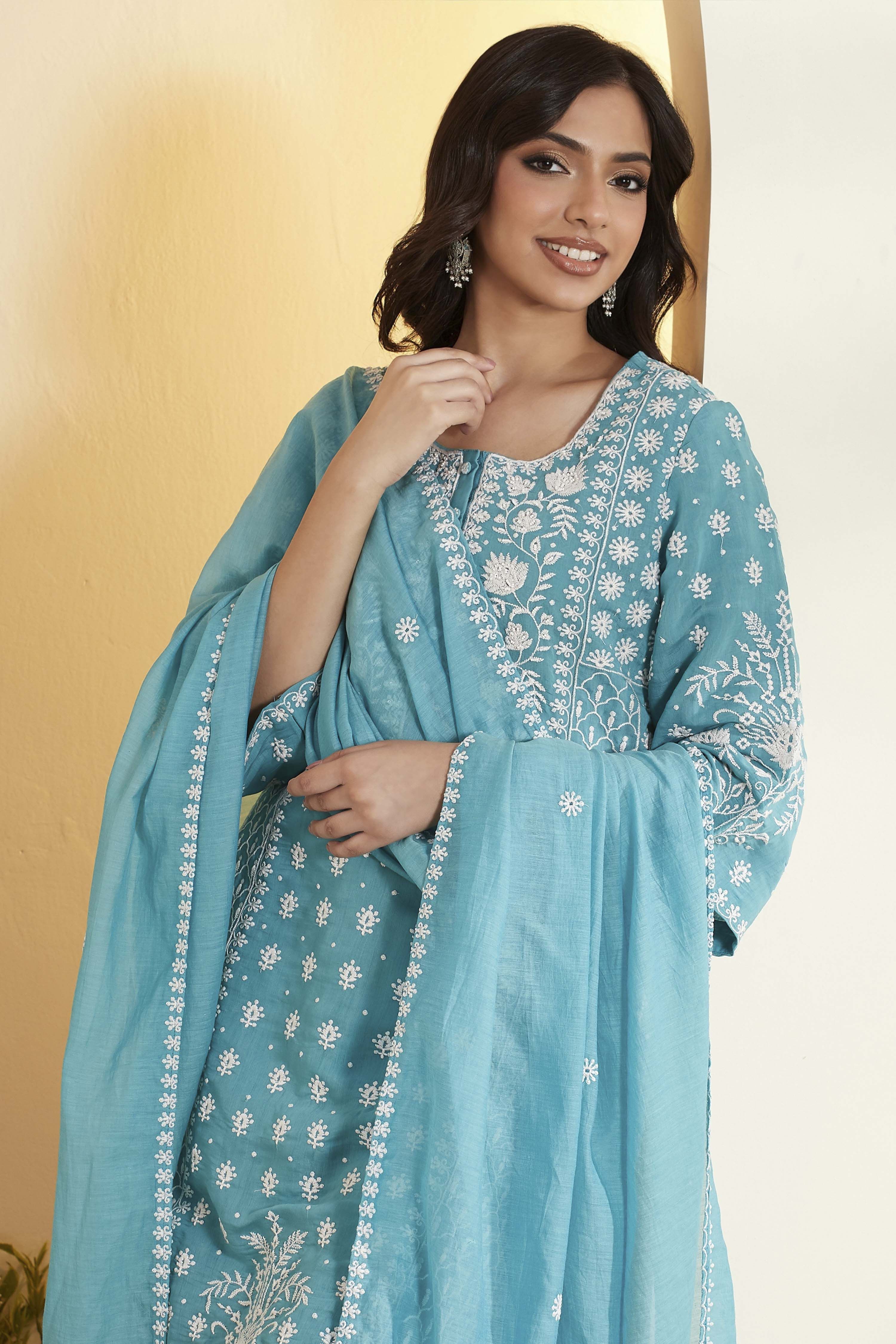 Teal Blue Viscose Blend Embroidered Straight Kurta Set image number 1