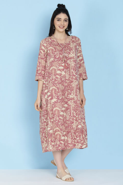 Mauve Cotton Flax Printed Kurta Dress image number 3