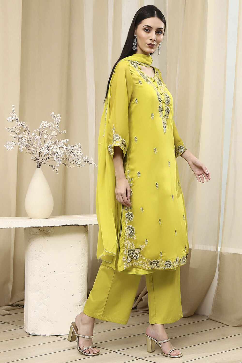 Lime Green Embroidered Straight Suit Set image number 5