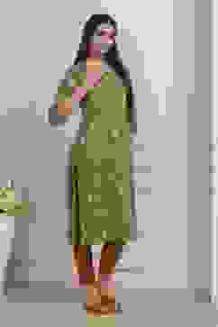 Green Cotton Straight Kurta image number 4