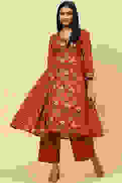 Rust Cotton Flared Kurta Set image number 0