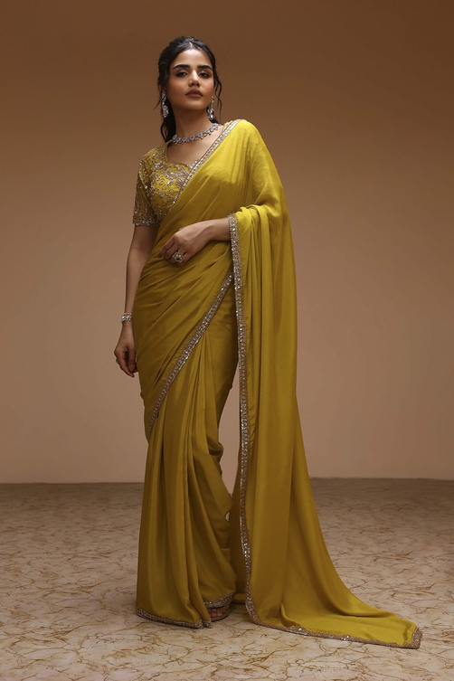 Lime Yellow Poly Chinnon Embroidered Pre-Draped Saree image number 0