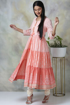 Peach Cotton Double Layered Printed Kurta image number 4
