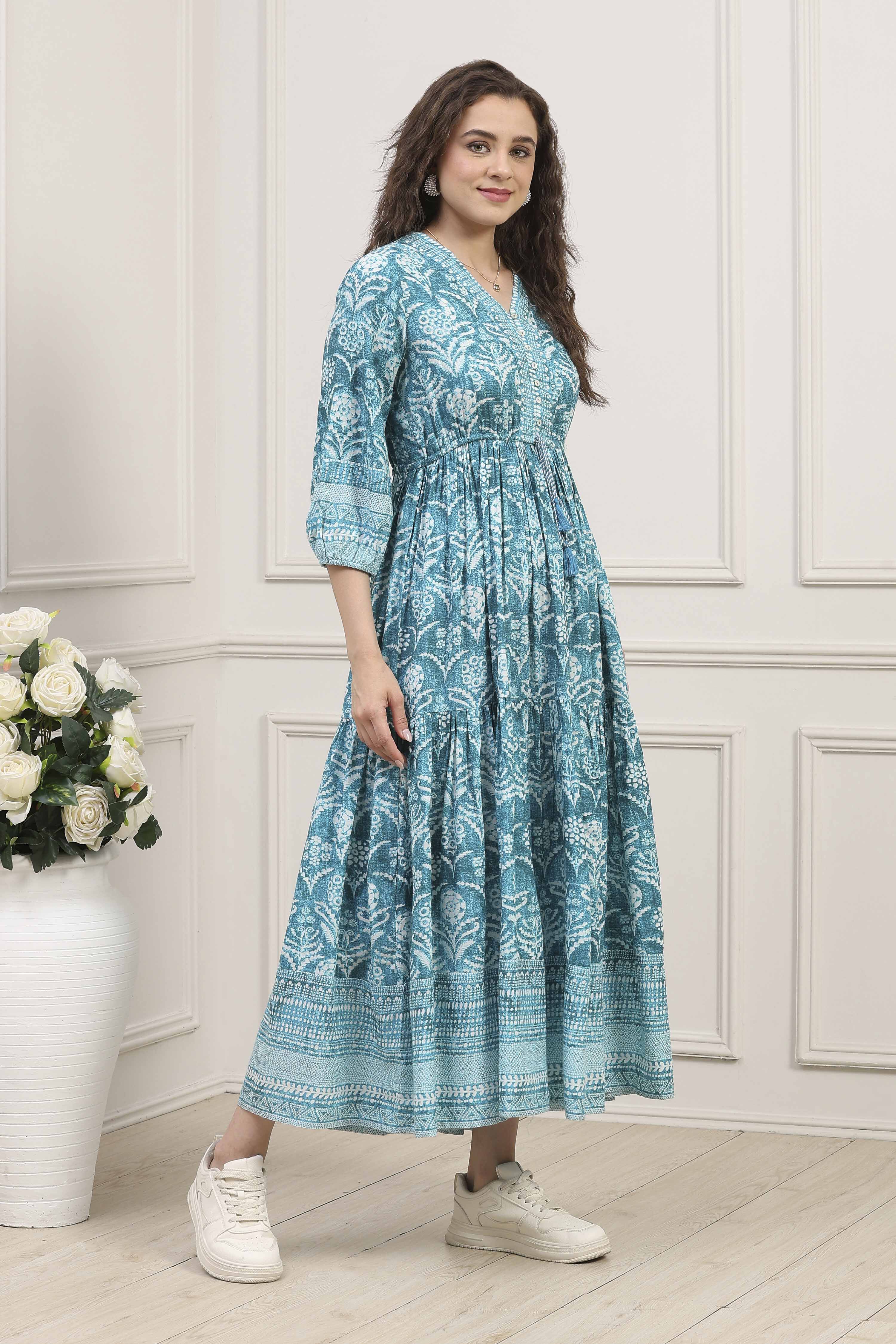 Turquoise Printed Tiered Dress image number 4