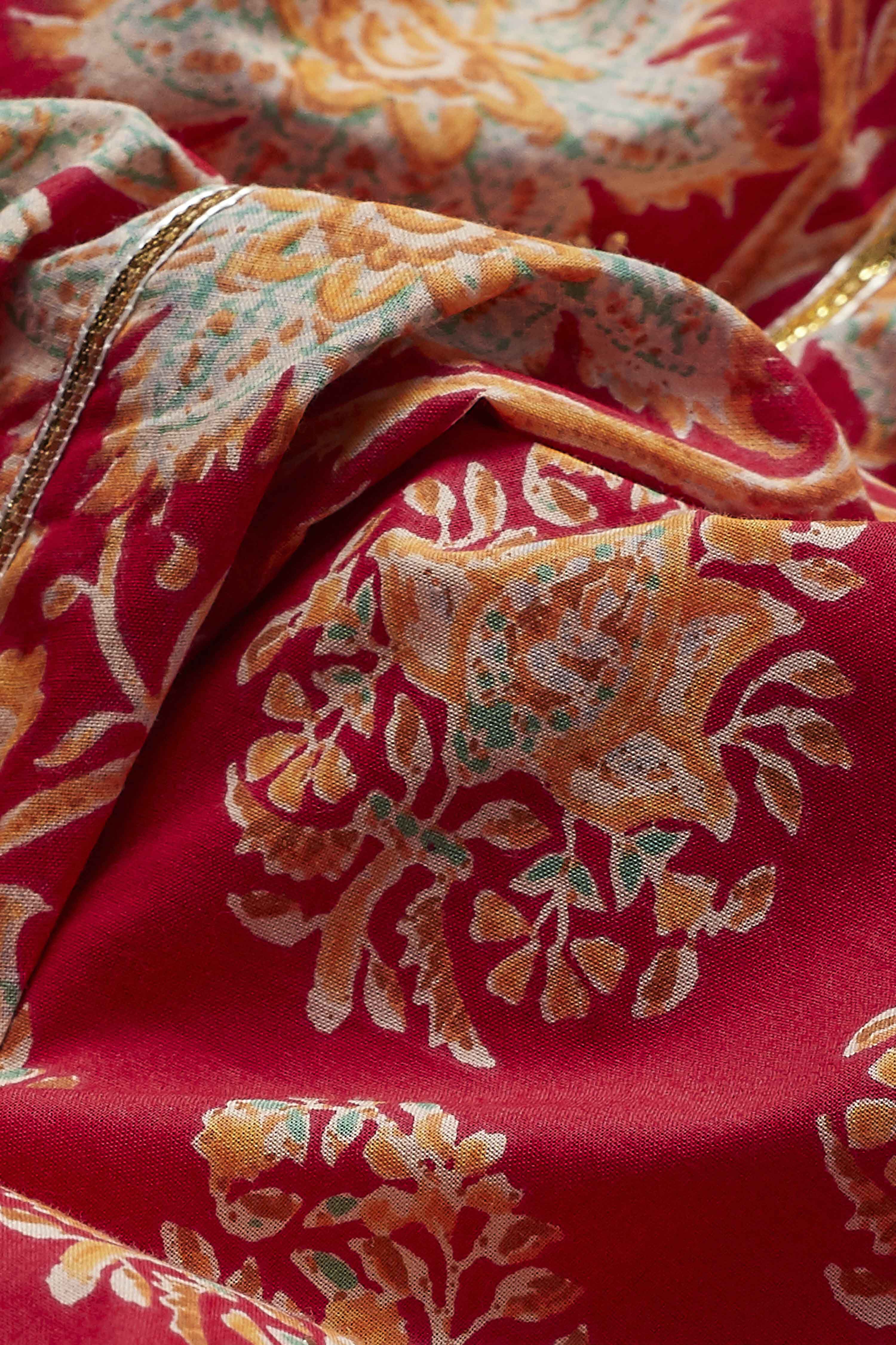 Red Cotton Floral Printed Anarkali Kurta Set image number 3