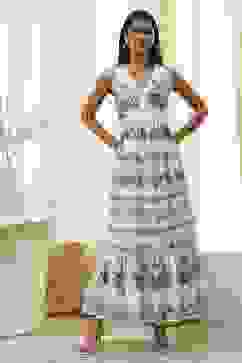 Off-White and Blue Cotton Floral Tiered Dress image number 5