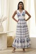 Off-White and Blue Cotton Floral Tiered Dress image number 5