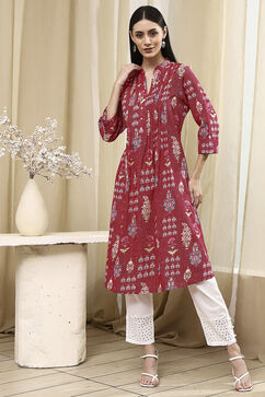 Pink Cotton Printed Straight Kurta image number 5
