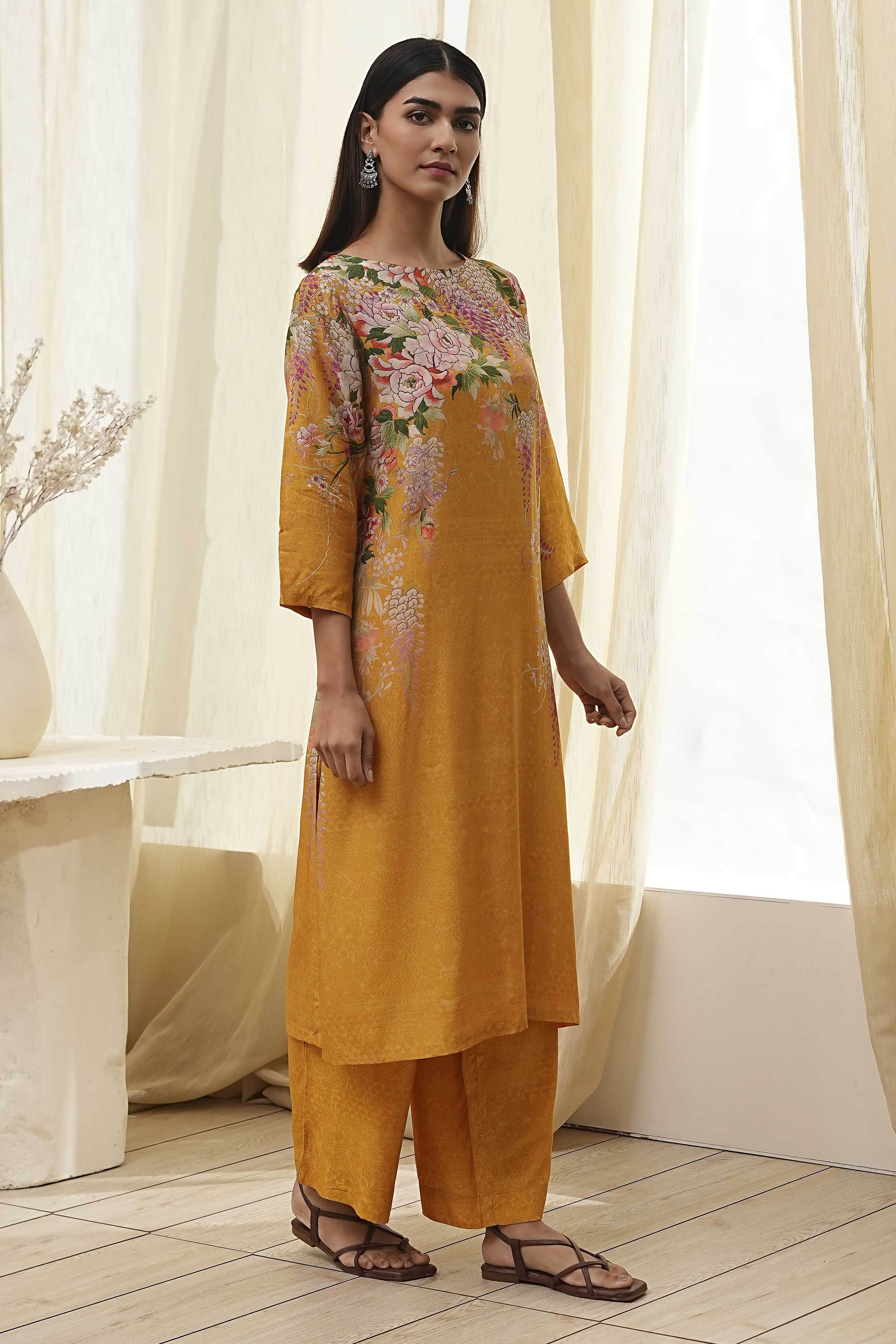 Mustard Yellow Floral Straight Kurta Set image number 5