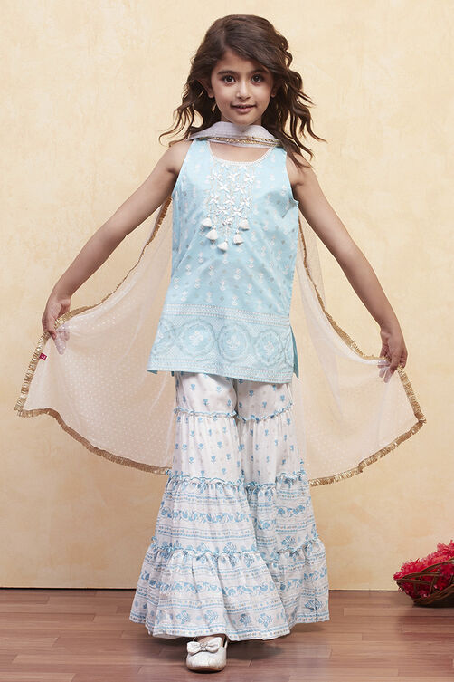 Turquoise Cotton Tiered Suit Set image number 0